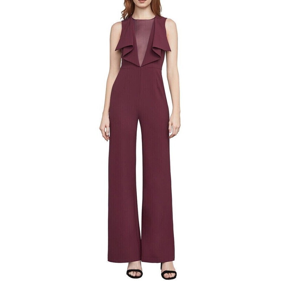 BCBGMAXAZRIA Raymee Mesh Insert Ruffled Jumpsuit In Bordeaux Red Size XS $387